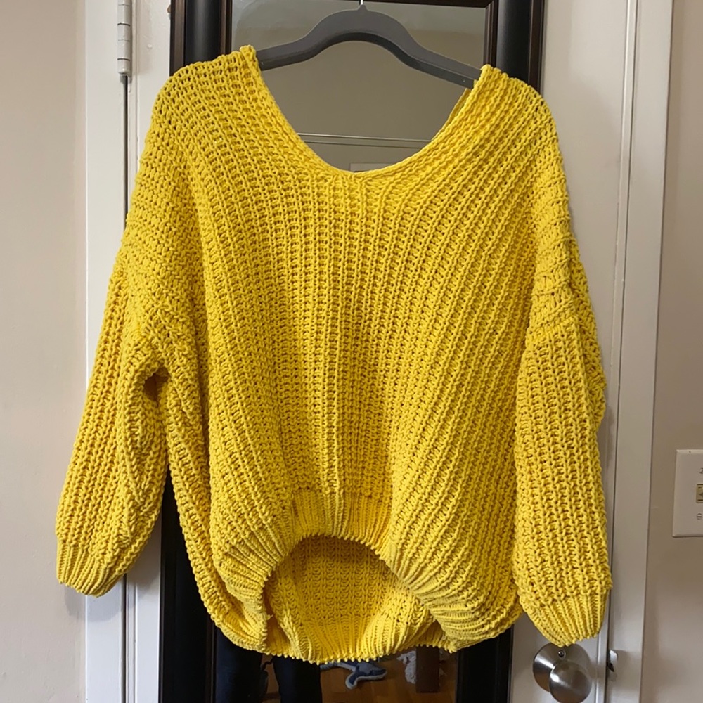 Slouchy sunshine colored off the shoulder sweater